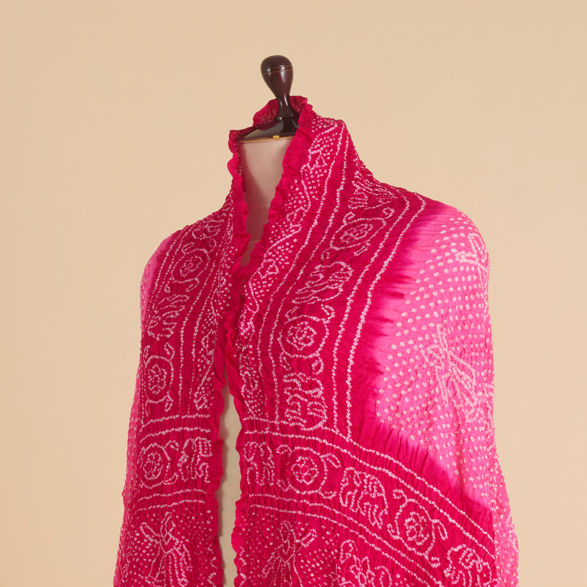 Light Pink Dark Pink Gaji Silk Bandhej Lagdi Patta Pallu Dupatta