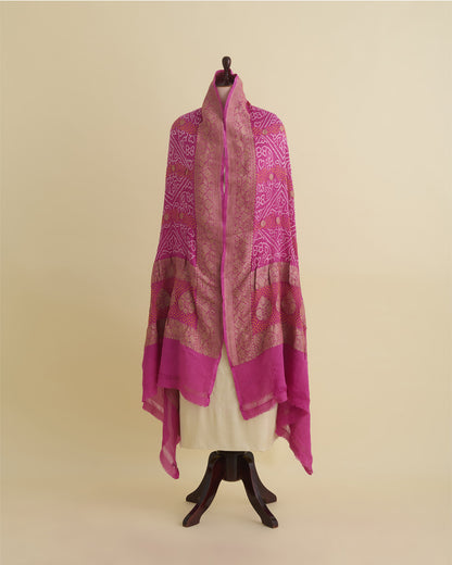 Georgette Bandhej Handwoven Dupatta with Gold Border Mauve
