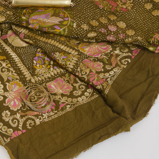 Mehendi Green Georgette Bandhej Hand Woven Gold Resham Jaal Dupatta