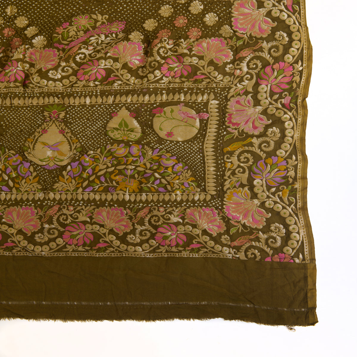 Mehendi Green Georgette Bandhej Hand Woven Gold Resham Jaal Dupatta