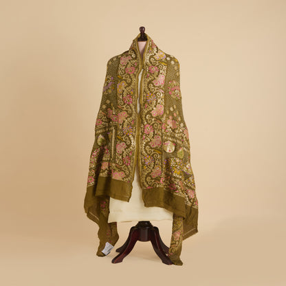 Mehendi Green Georgette Bandhej Hand Woven Gold Resham Jaal Dupatta