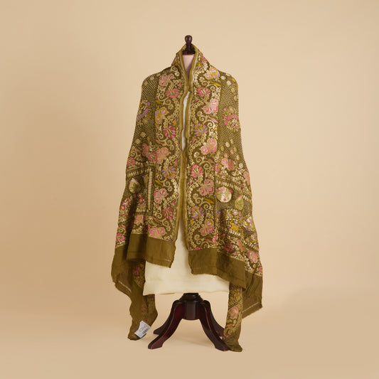Mehendi Green Georgette Bandhej Hand Woven Gold Resham Jaal Dupatta