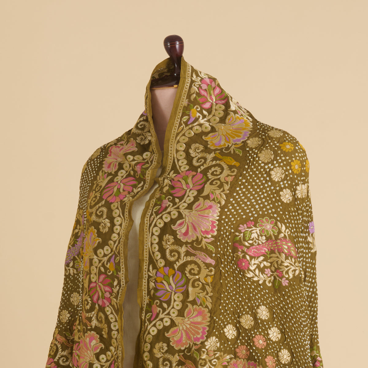 Mehendi Green Georgette Bandhej Hand Woven Gold Resham Jaal Dupatta