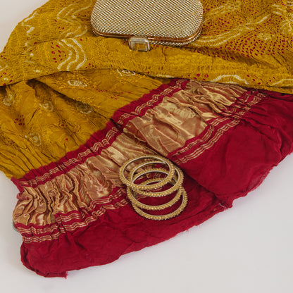 Mustard Red Gaji Silk Bandhej Lagdi Patta Pallu Dupatta