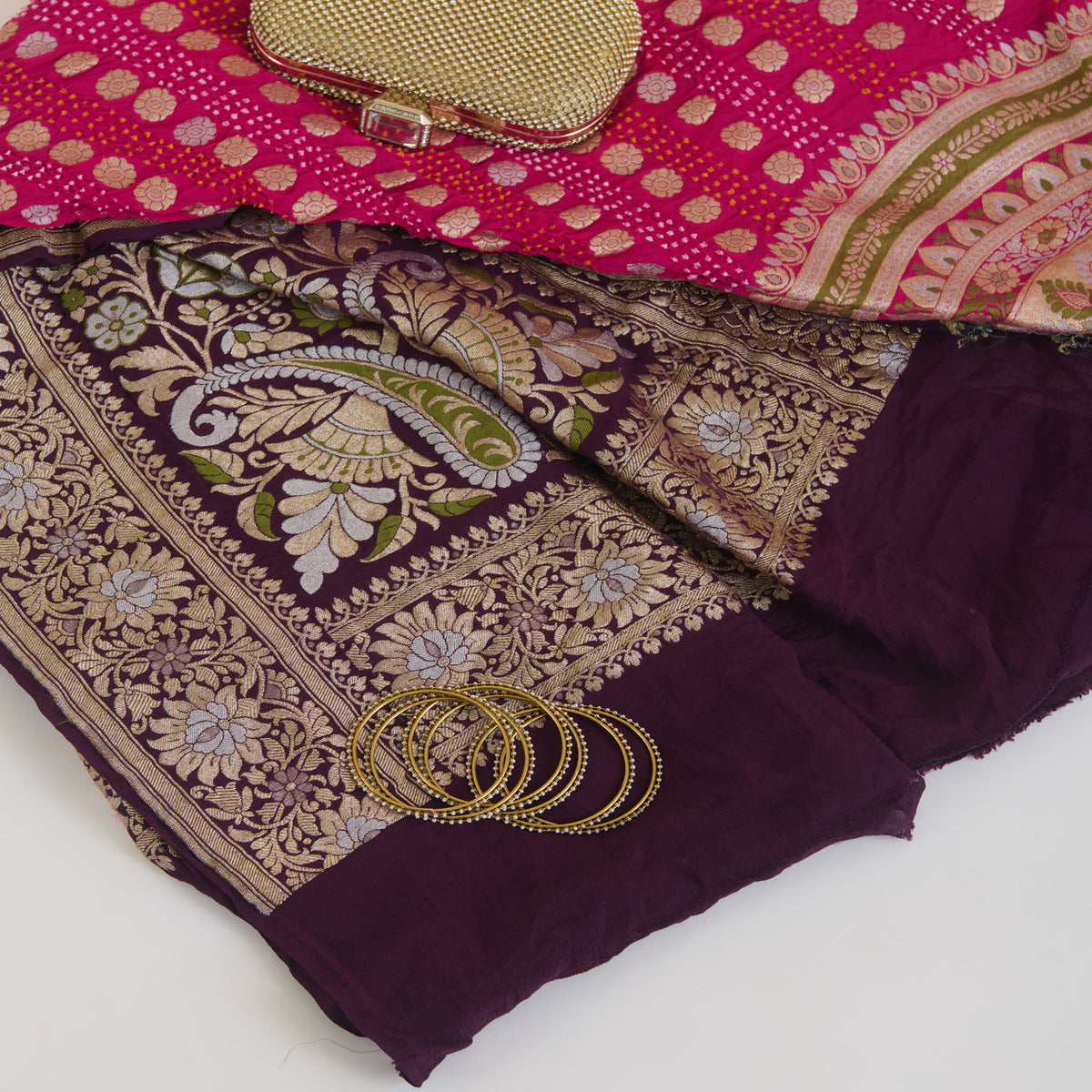 Magenta Purple Georgette Bandhej Hand Woven Jaal Gold Border Dupatta