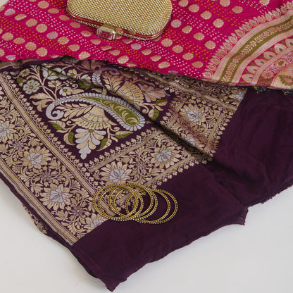 Magenta Purple Georgette Bandhej Hand Woven Jaal Gold Border Dupatta