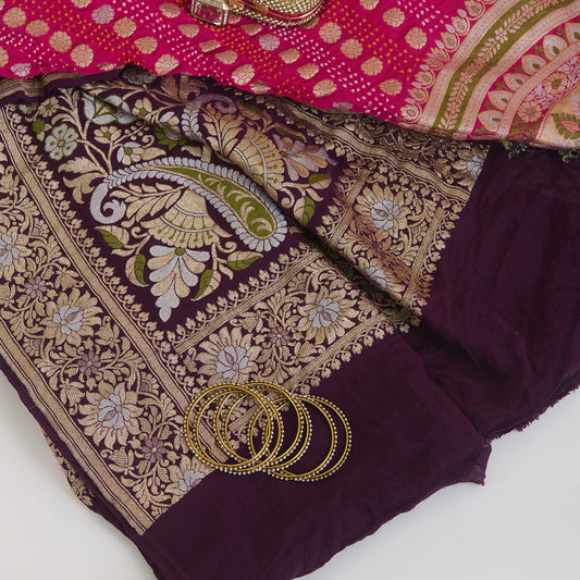 Magenta Purple Georgette Bandhej Hand Woven Jaal Gold Border Dupatta