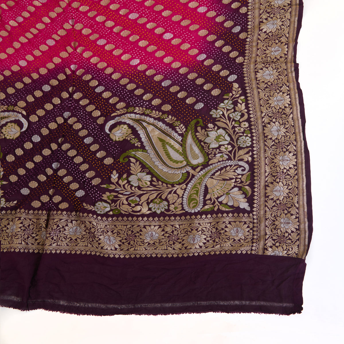 Magenta Purple Georgette Bandhej Hand Woven Jaal Gold Border Dupatta