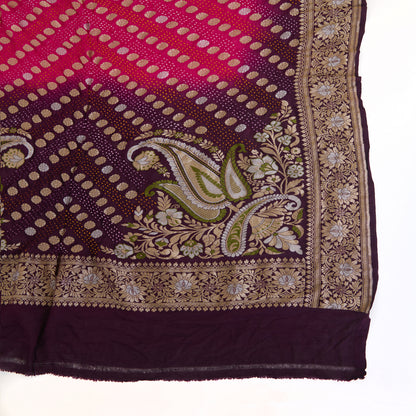 Magenta Purple Georgette Bandhej Hand Woven Jaal Gold Border Dupatta