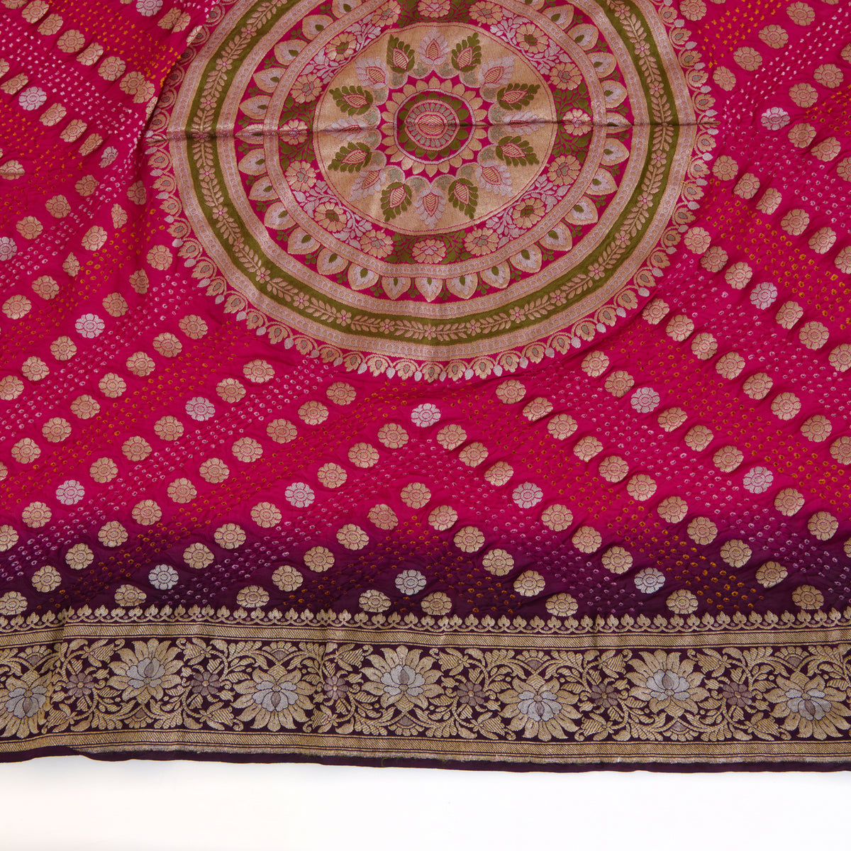 Magenta Purple Georgette Bandhej Hand Woven Jaal Gold Border Dupatta