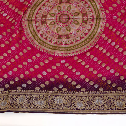 Magenta Purple Georgette Bandhej Hand Woven Jaal Gold Border Dupatta