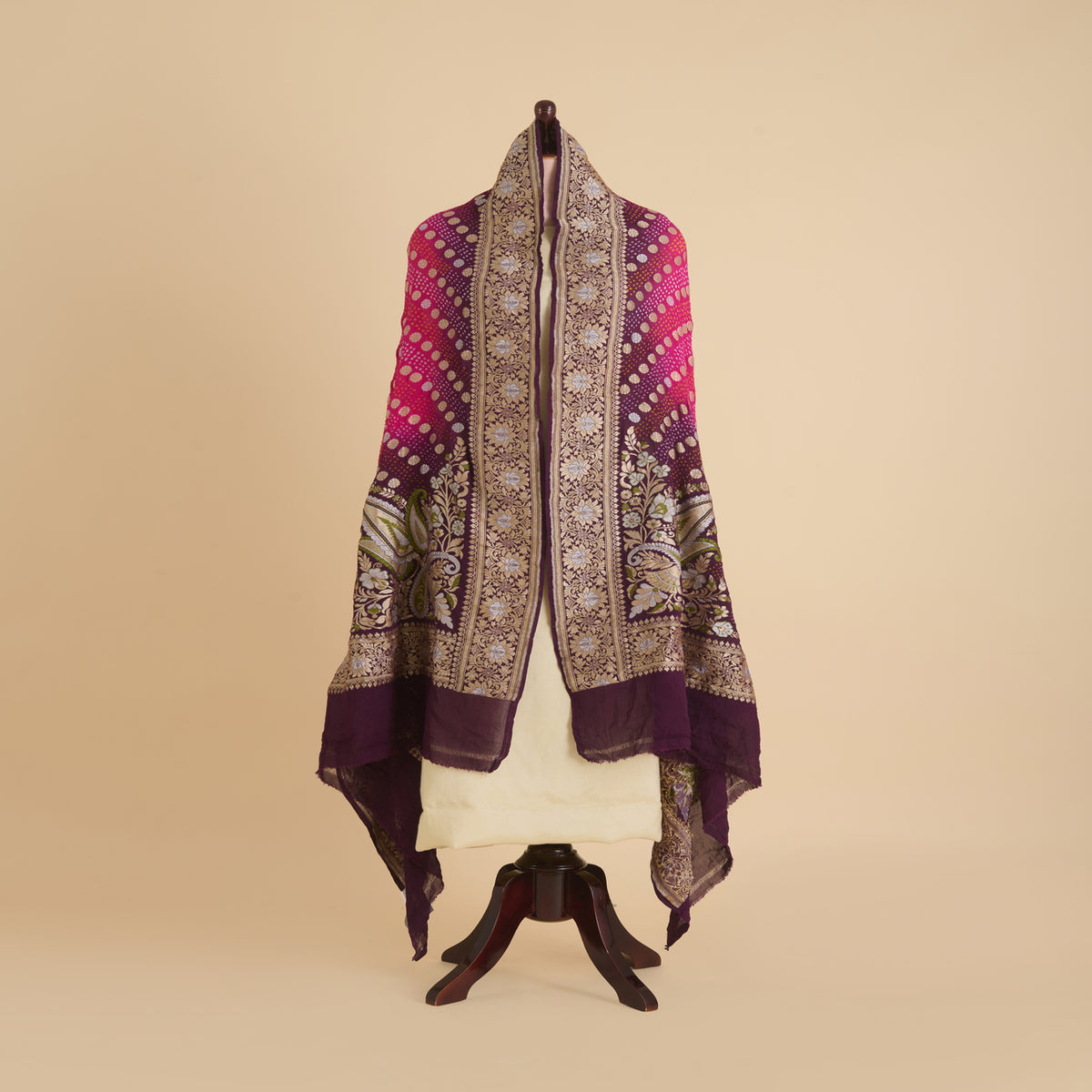 Magenta Purple Georgette Bandhej Hand Woven Jaal Gold Border Dupatta