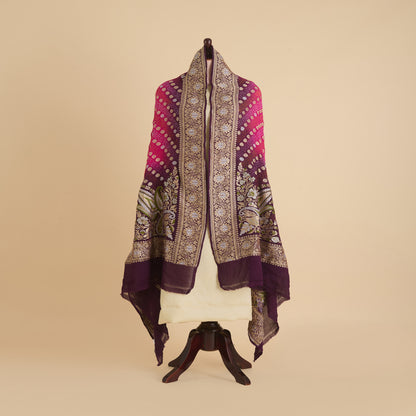 Magenta Purple Georgette Bandhej Hand Woven Jaal Gold Border Dupatta