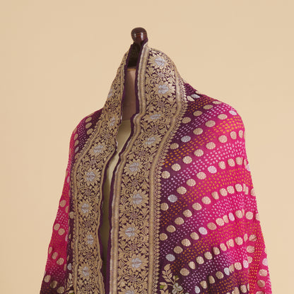 Magenta Purple Georgette Bandhej Hand Woven Jaal Gold Border Dupatta