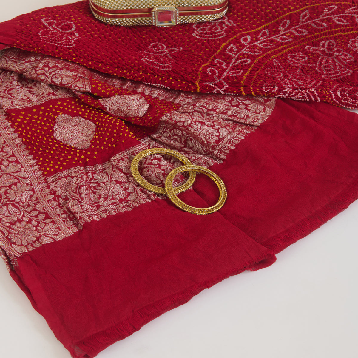Maroon Georgette Bandhej Hand Woven Buta Gold Border Dupatta