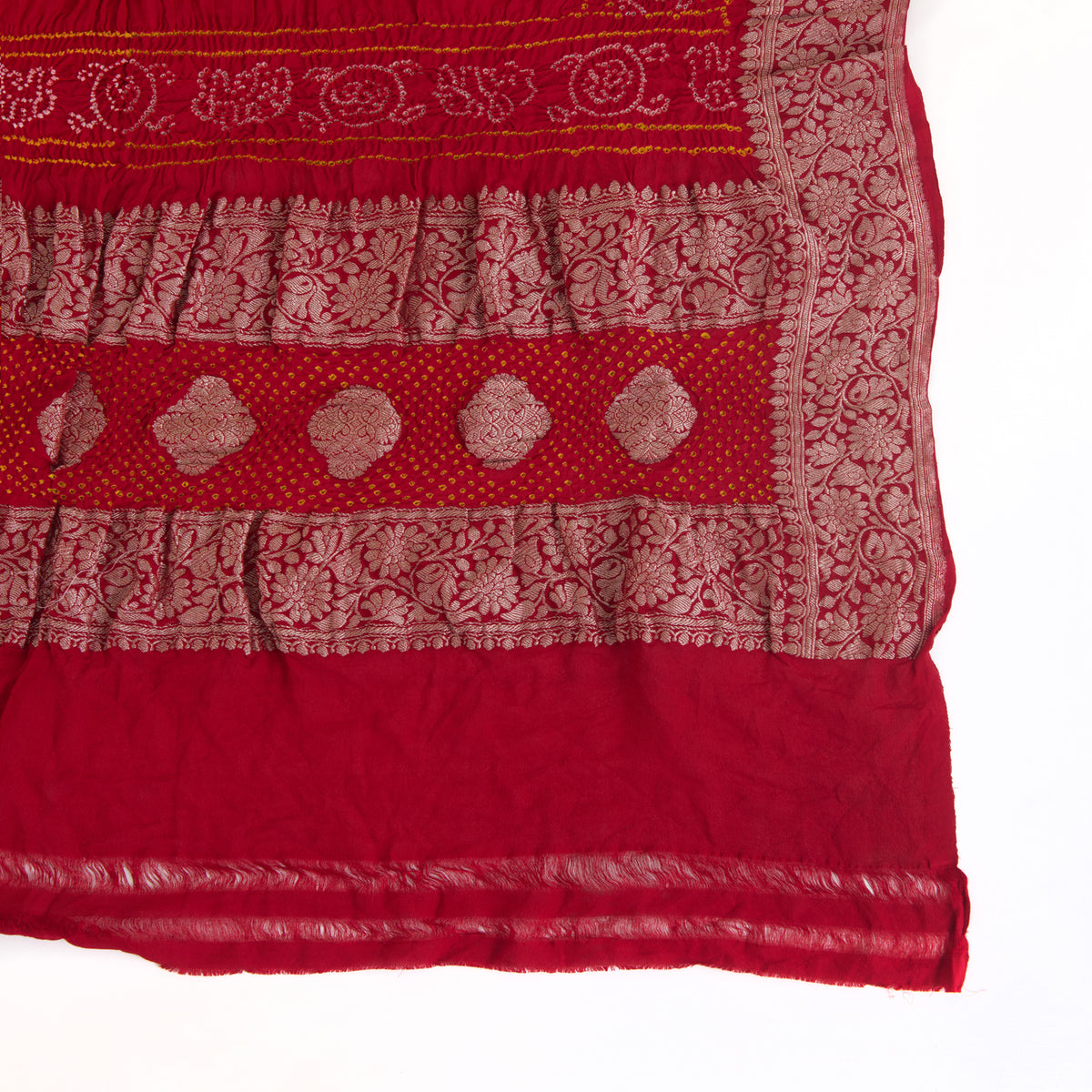 Maroon Georgette Bandhej Hand Woven Buta Gold Border Dupatta