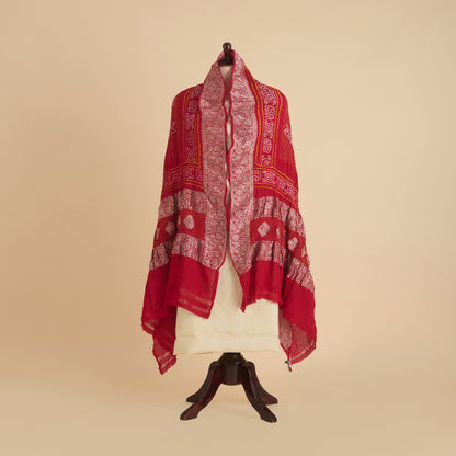 Maroon Georgette Bandhej Hand Woven Buta Gold Border Dupatta