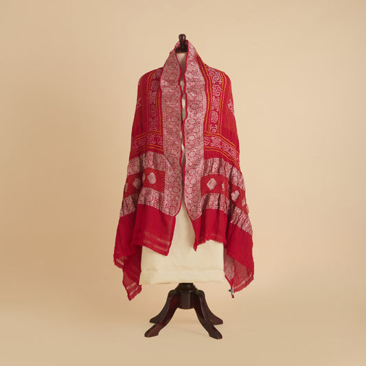 Maroon Georgette Bandhej Hand Woven Buta Gold Border Dupatta