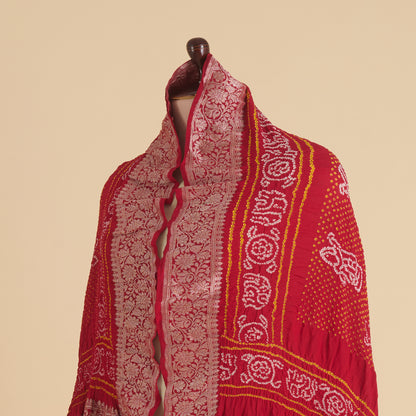 Maroon Georgette Bandhej Hand Woven Buta Gold Border Dupatta