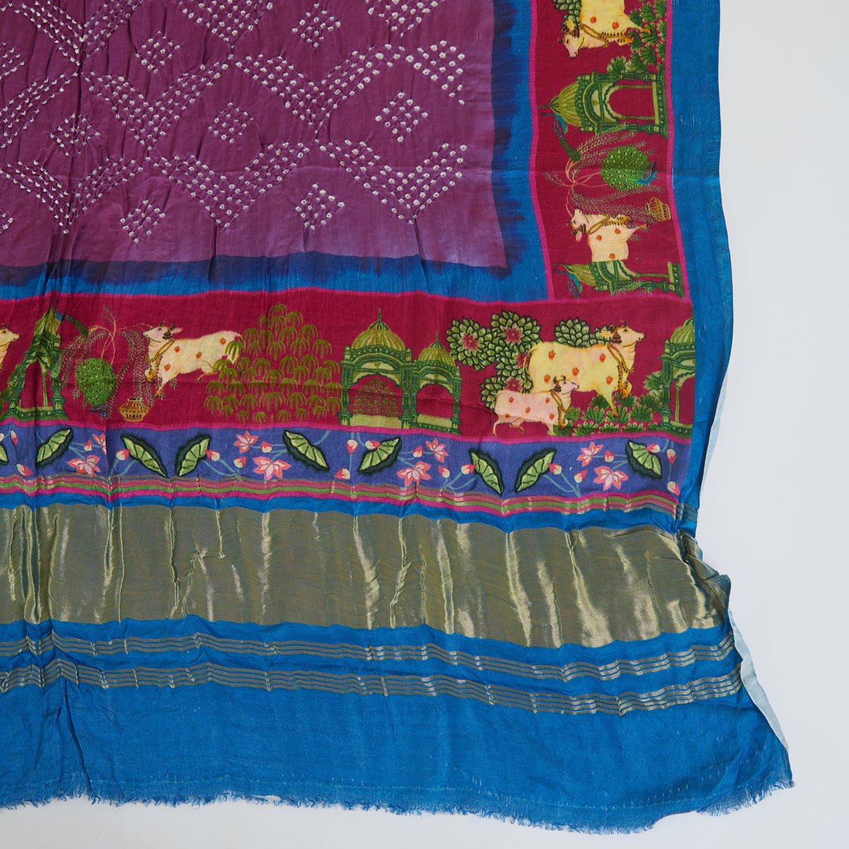 Magenta Blue Gaji Silk Bandhej Dupatta