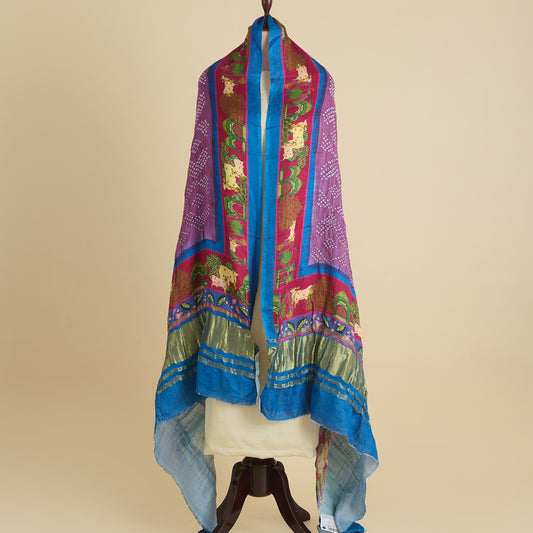 Magenta Blue Gaji Silk Bandhej Dupatta