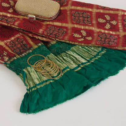 Maroon Green Gaji Silk Checks Ajrakh Print Bandhej Lagdi Patta Dupatta