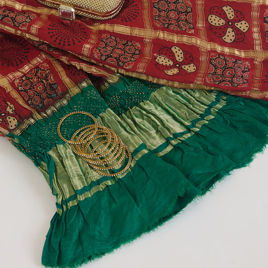 Maroon Green Gaji Silk Checks Ajrakh Print Bandhej Lagdi Patta Dupatta