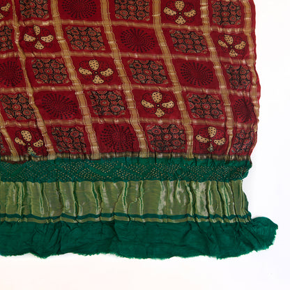 Maroon Green Gaji Silk Checks Ajrakh Print Bandhej Lagdi Patta Dupatta