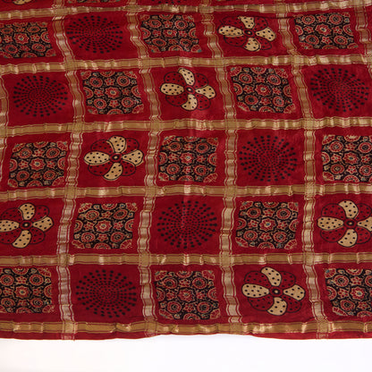 Maroon Green Gaji Silk Checks Ajrakh Print Bandhej Lagdi Patta Dupatta