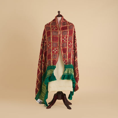 Maroon Green Gaji Silk Checks Ajrakh Print Bandhej Lagdi Patta Dupatta