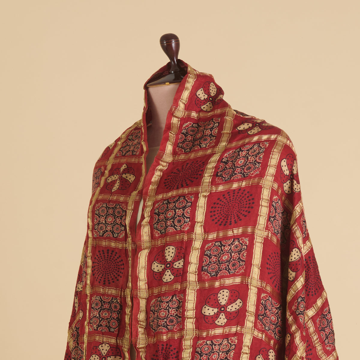 Maroon Green Gaji Silk Checks Ajrakh Print Bandhej Lagdi Patta Dupatta