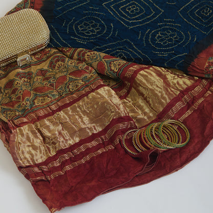 Navy Blue Rust Beige Gajji Silk Bandhej Ajrakh Dupatta