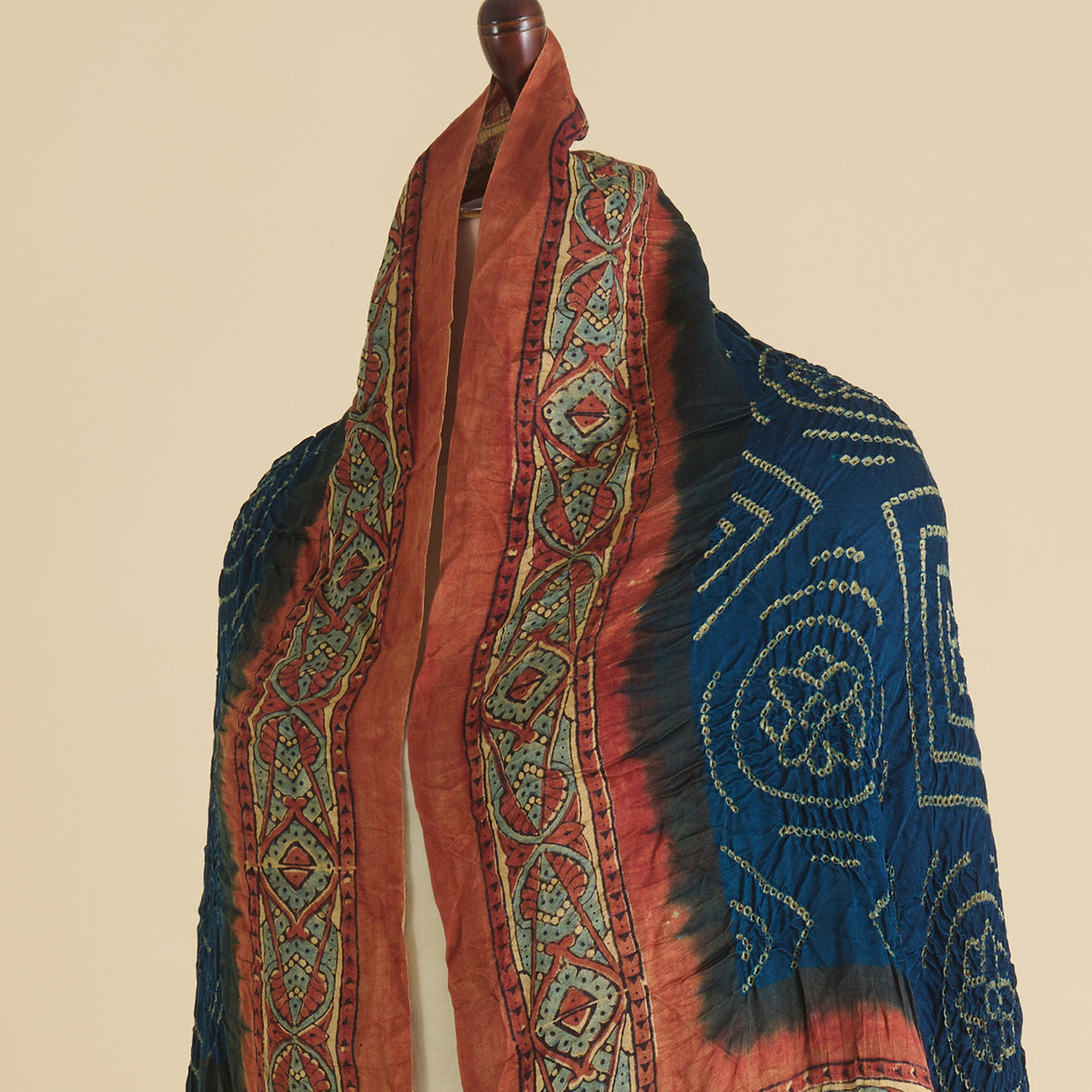 Navy Blue Rust Beige Gajji Silk Bandhej Ajrakh Dupatta