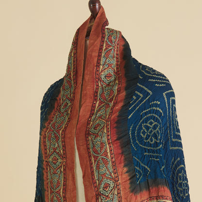 Navy Blue Rust Beige Gajji Silk Bandhej Ajrakh Dupatta