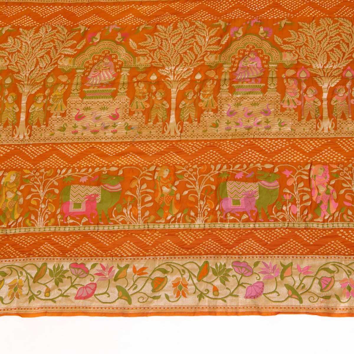 Orange Georgette Bandhej Hand Woven Gold Resham Jaal Dupatta