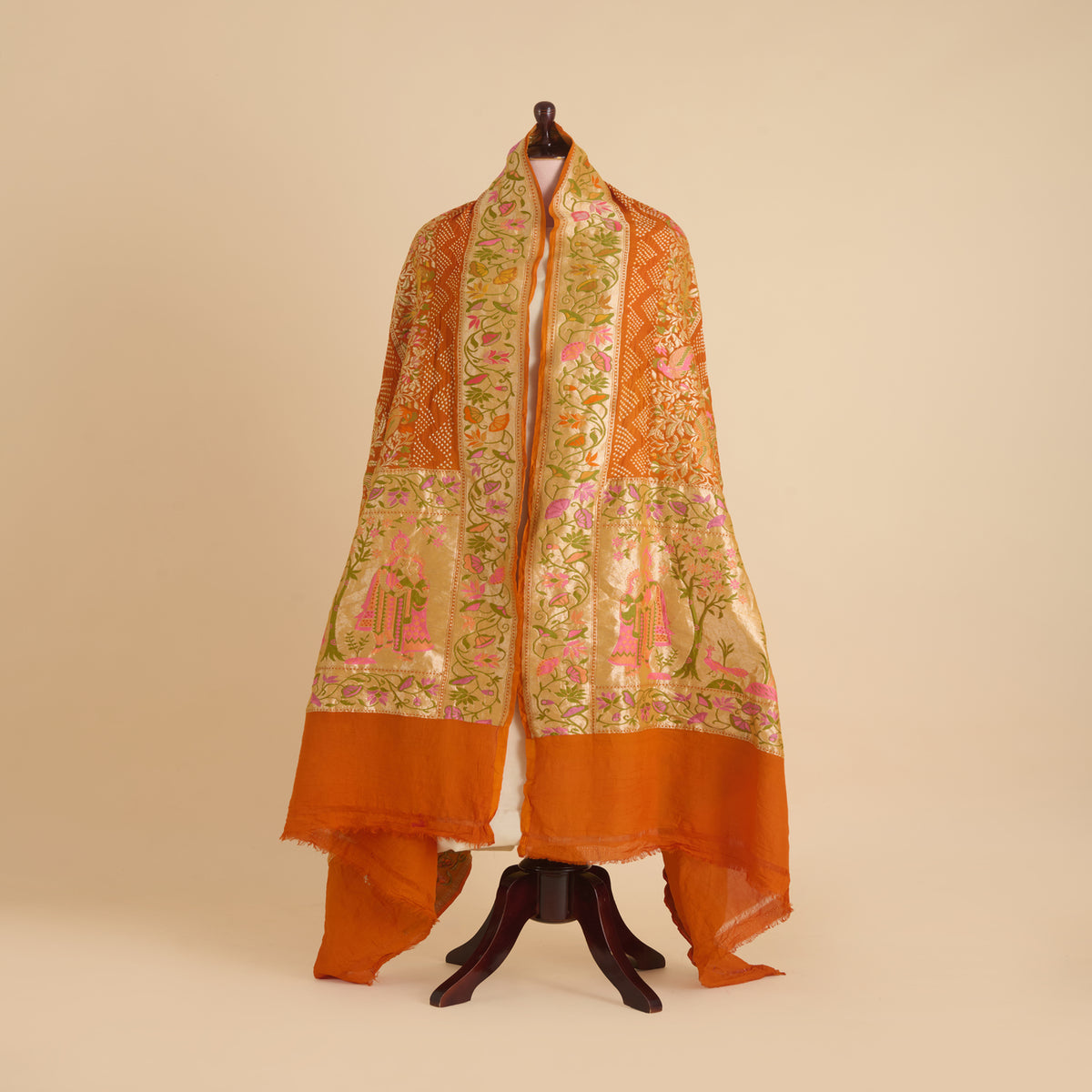 Orange Georgette Bandhej Hand Woven Gold Resham Jaal Dupatta