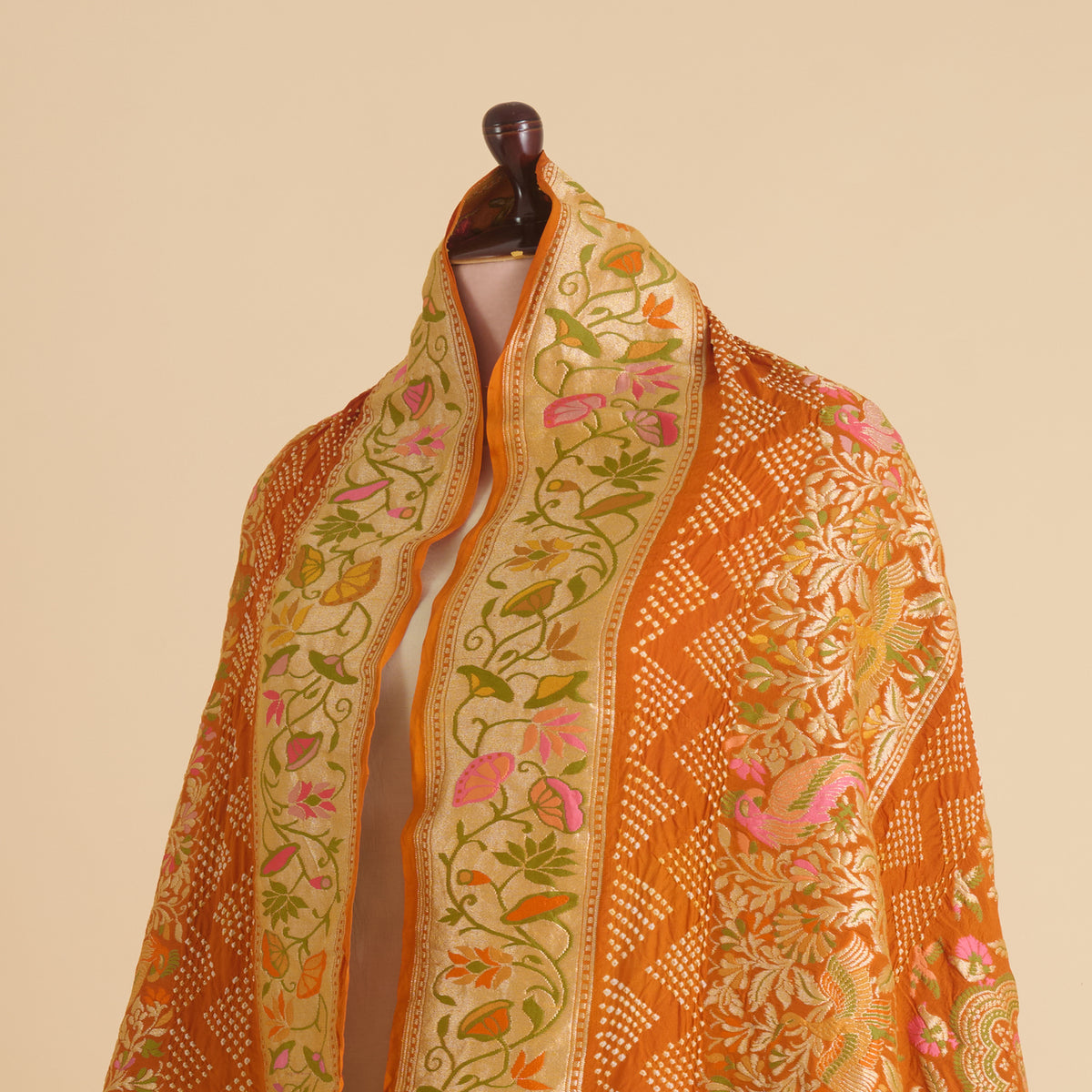 Orange Georgette Bandhej Hand Woven Gold Resham Jaal Dupatta