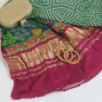 Rani Pink Green Gaji Silk Bandhej Dupatta