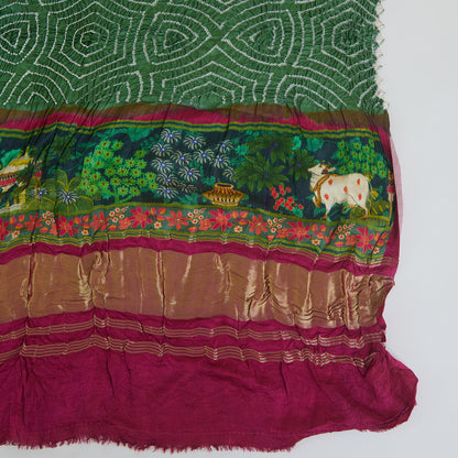 Rani Pink Green Gaji Silk Bandhej Dupatta