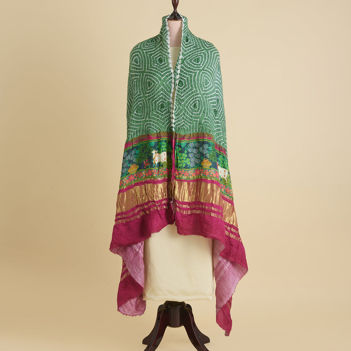 Rani Pink Green Gaji Silk Bandhej Dupatta