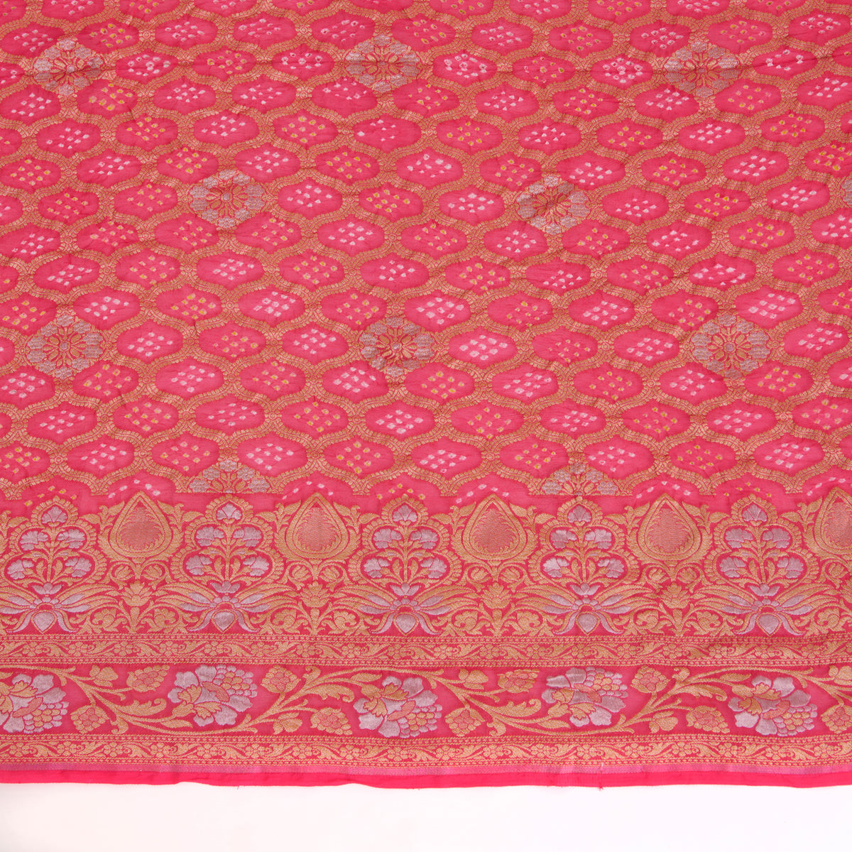 Pink Georgette Bandhej Hand Woven Gold Geometric Dupatta
