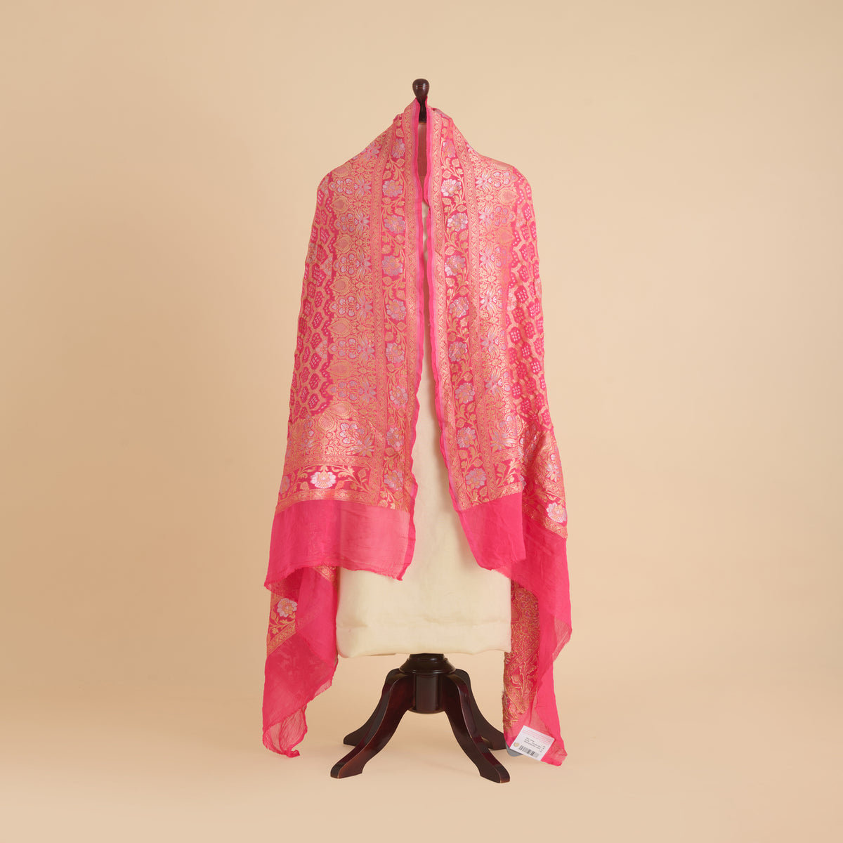 Pink Georgette Bandhej Hand Woven Gold Geometric Dupatta
