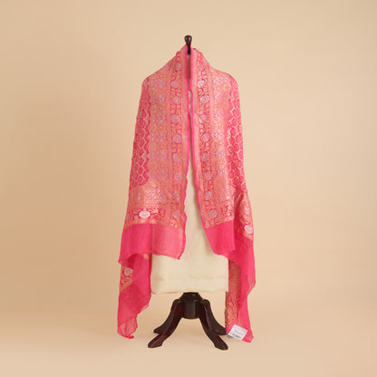 Pink Georgette Bandhej Hand Woven Gold Geometric Dupatta