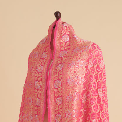 Pink Georgette Bandhej Hand Woven Gold Geometric Dupatta
