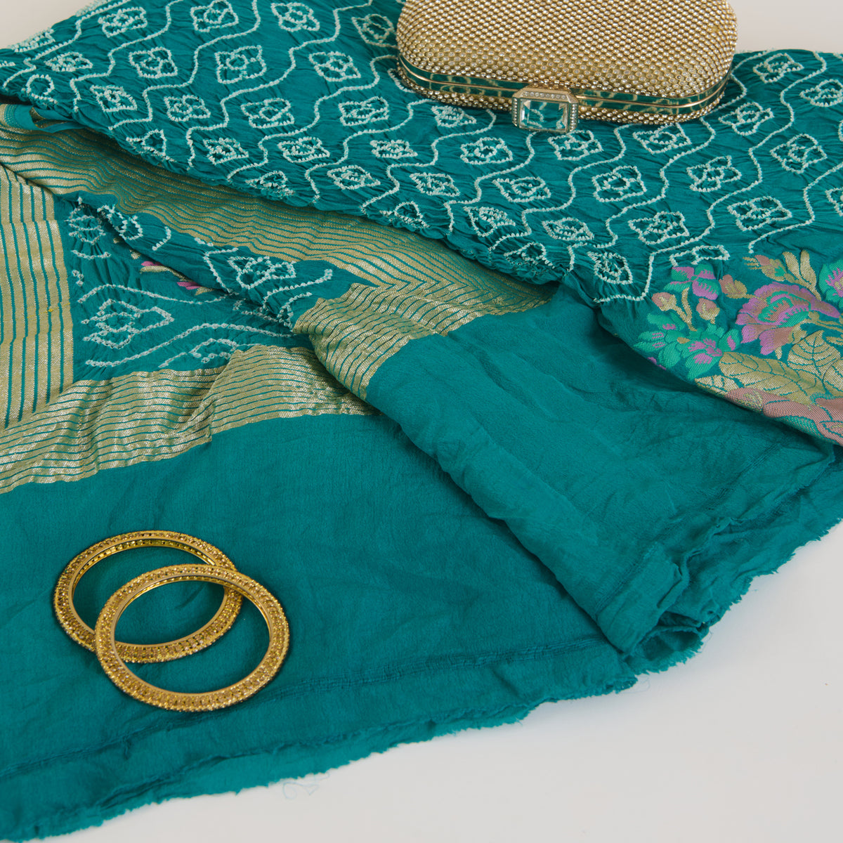 Firozi Green Georgette Bandhej Hand Woven Gold Border Dupatta