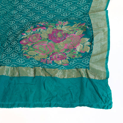 Firozi Green Georgette Bandhej Hand Woven Gold Border Dupatta