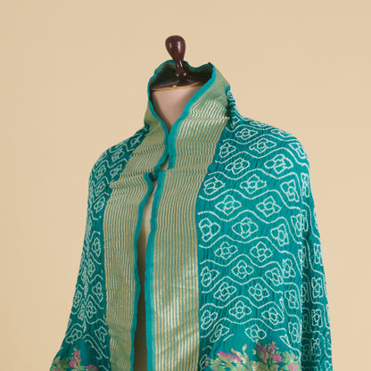 Firozi Green Georgette Bandhej Hand Woven Gold Border Dupatta