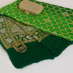 Parrot Green Georgette Bandhej Hand Woven Gold Geometric Dupatta