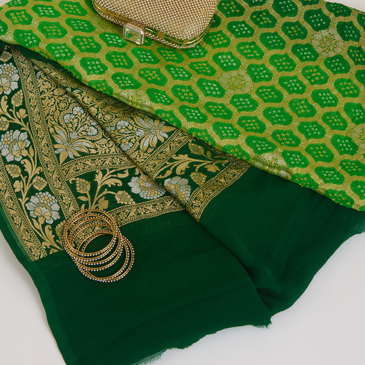 Parrot Green Georgette Bandhej Hand Woven Gold Geometric Dupatta