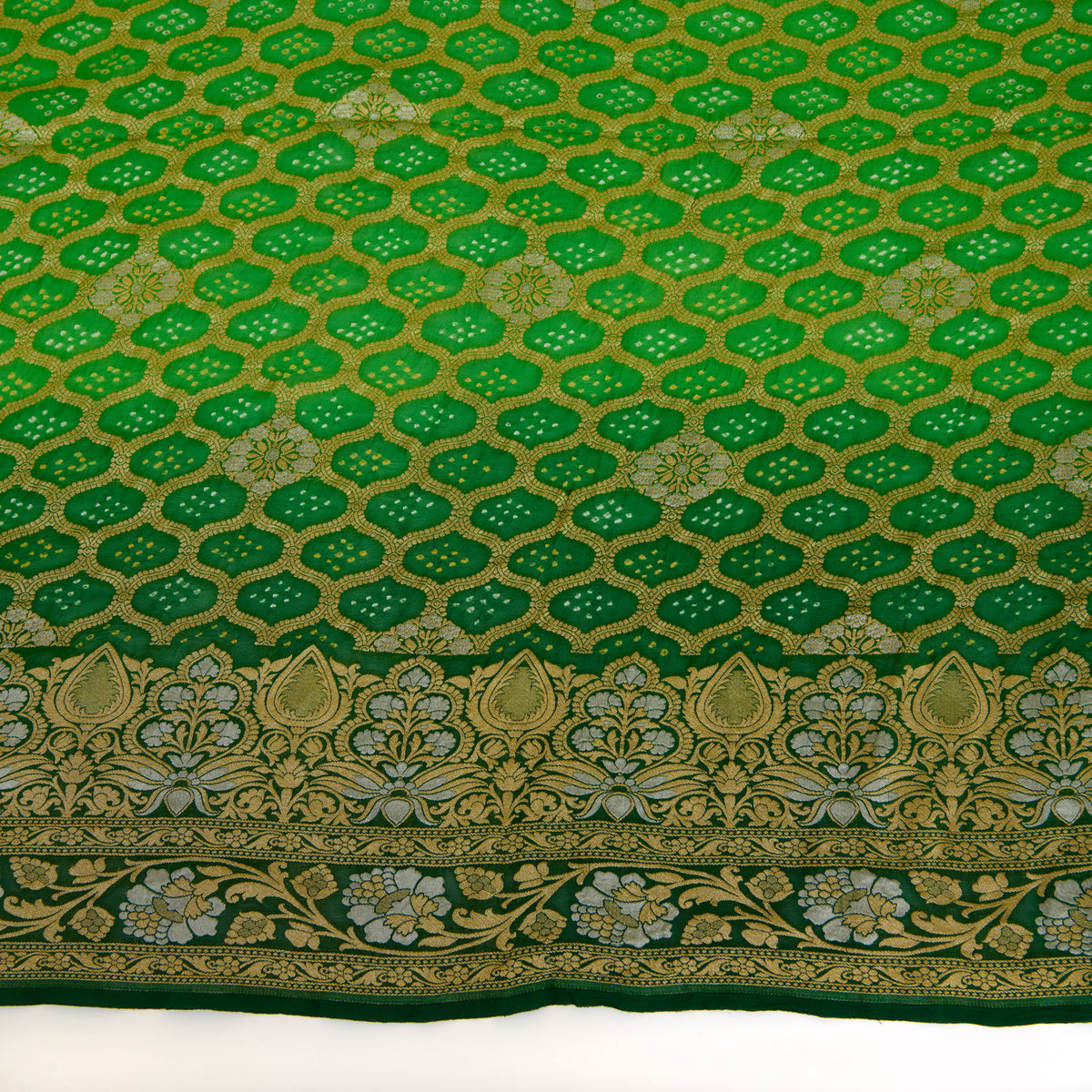 Parrot Green Georgette Bandhej Hand Woven Gold Geometric Dupatta